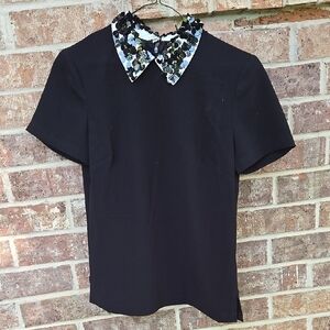 Trina Tucker Black Short Sleeve Top with Sequins Collar Size S